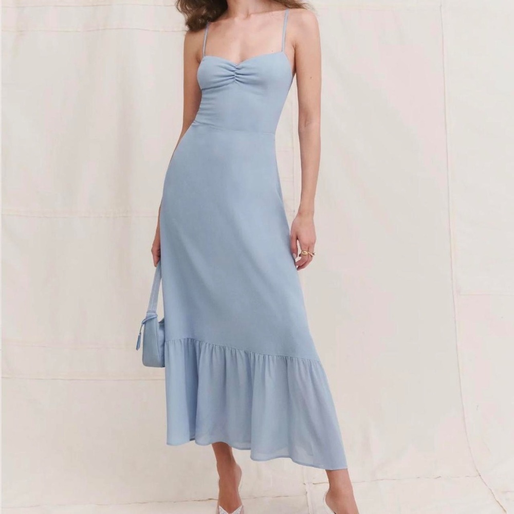 REFORMATION baby light blue ARTA Midi Dress ruffle bottom hem